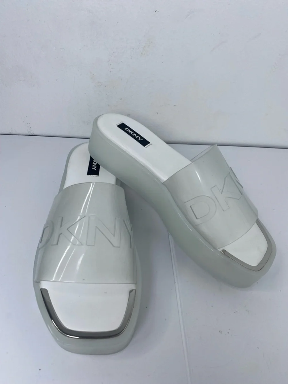 DKNY New White Clear Platform Slide Sandals